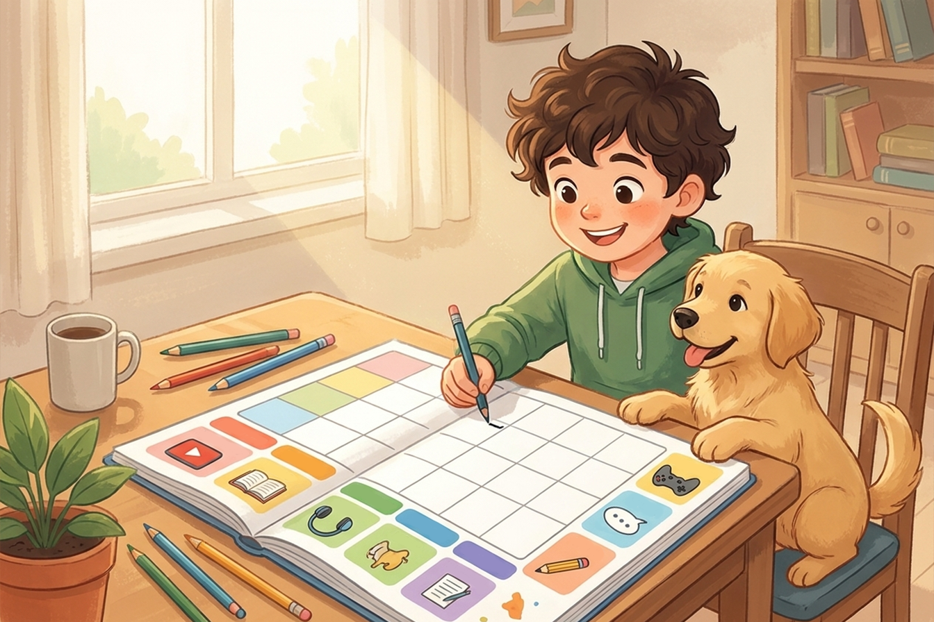 طفل يمارس الاستماع باللغة الإنجليزية من خلال مقطع فيديو وسماعات الرأس