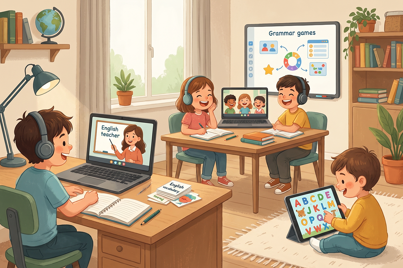 أطفال يتعلمون الإنجليزية من خلال الدروس الفردية والمجموعات والتدريب المستقل