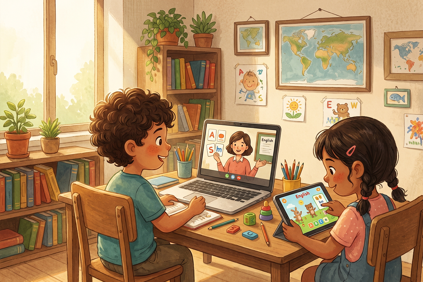 طفلان يتعلمان اللغة الإنجليزية عبر الإنترنت باستخدام الدروس المباشرة والأنشطة التفاعلية