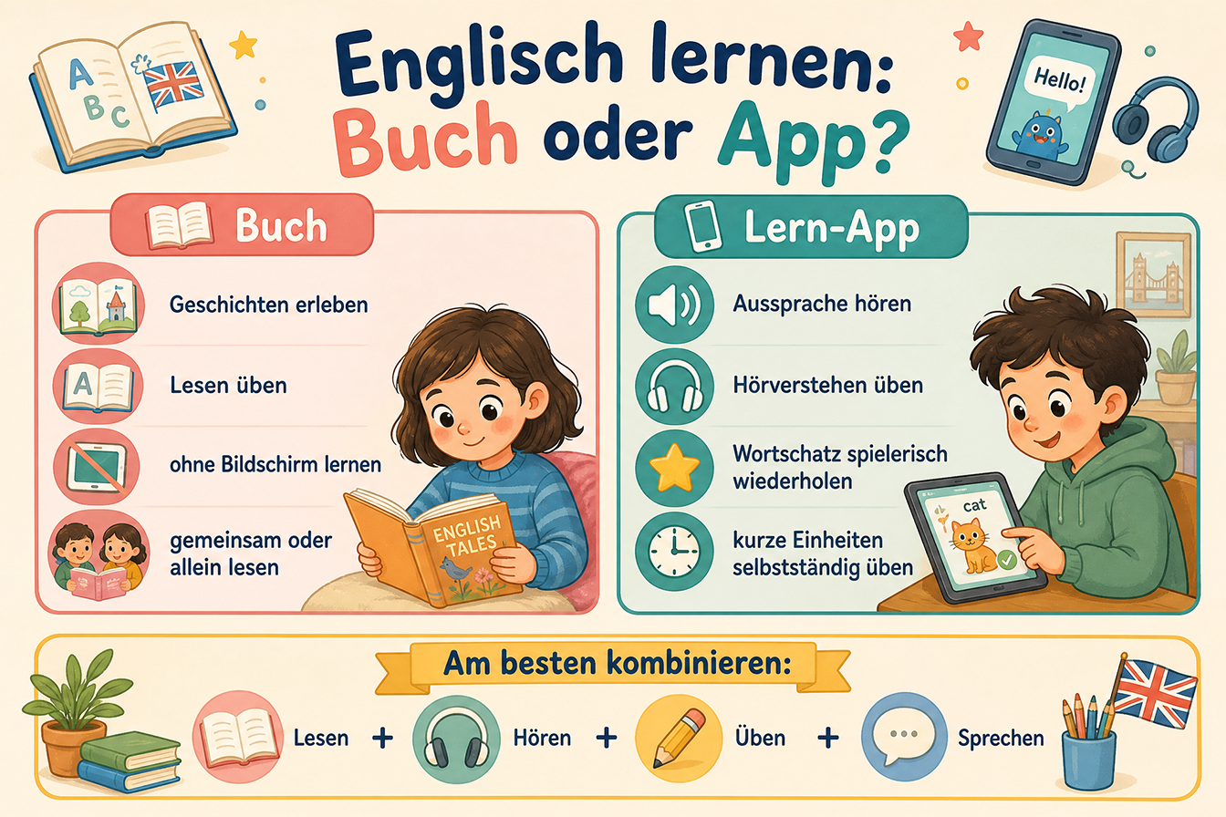 Die Infografik vergleicht Apps und Bücher als verschiedene Optionen zum Englisch lernen für Kinder im Grundschulalter