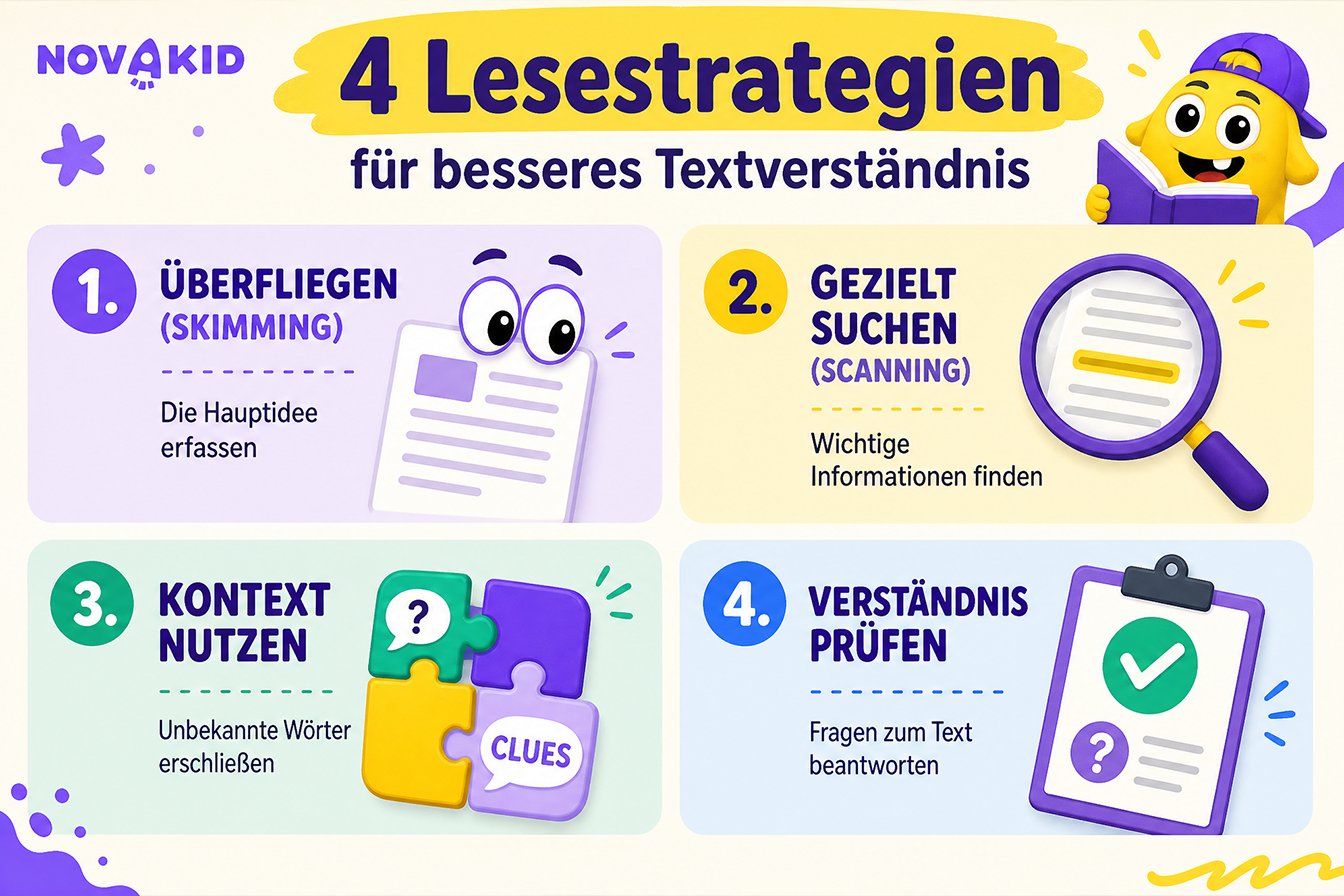Die Infografik zeigt Strategien, um Englisch-Leseverstehen zu üben