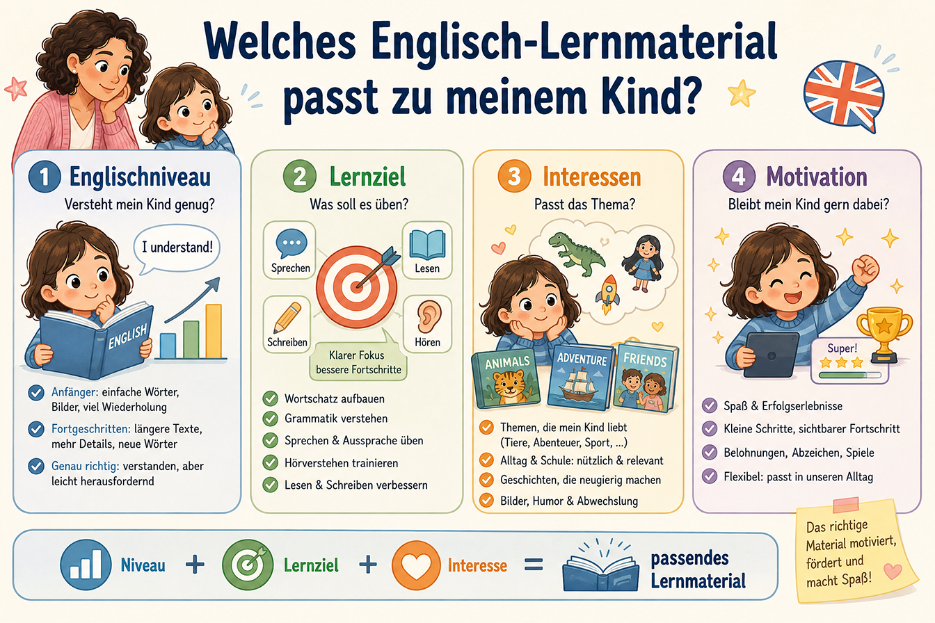 Die Infografik zeigt, worauf Eltern achten sollten, wenn sie Englisch-Lernmaterialien wie Bücher oder Apps für die Grundschule auswählen