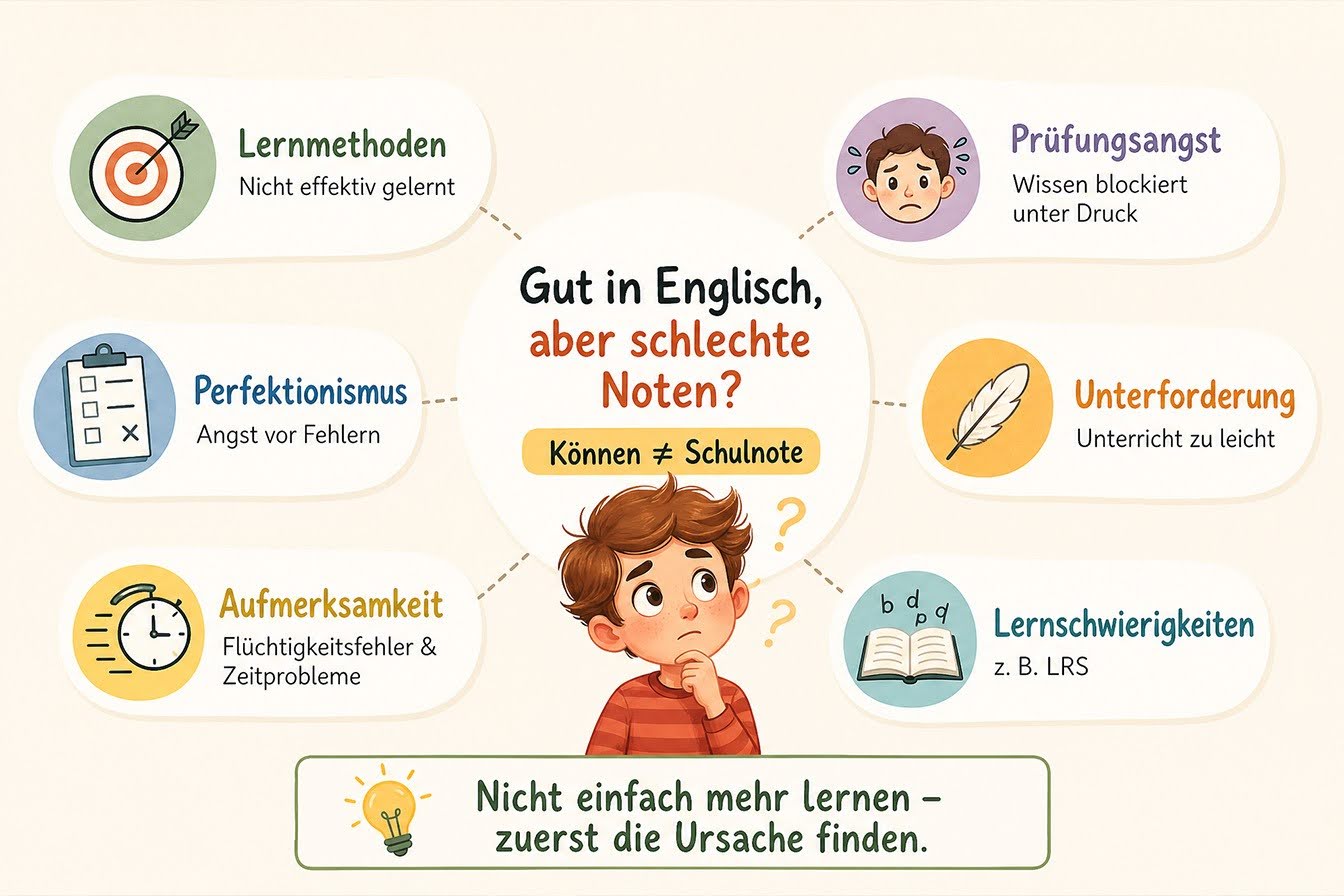 Mögliche Ursachen für schlechte Noten trotz guter Englischkenntnisse: Lernmethoden, Prüfungsangst, Perfektionismus, Unterforderung und Lernschwierigkeiten