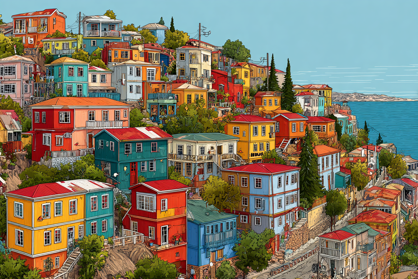 Una imagen que representa una ciudad colorida llena de casitas de colores cerca del mar