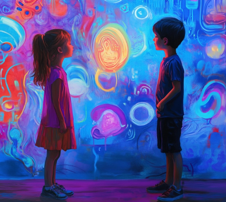 Dos niños observando una bombilla