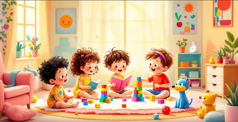 Un grupo de niños pequeños jugando con formas de colores