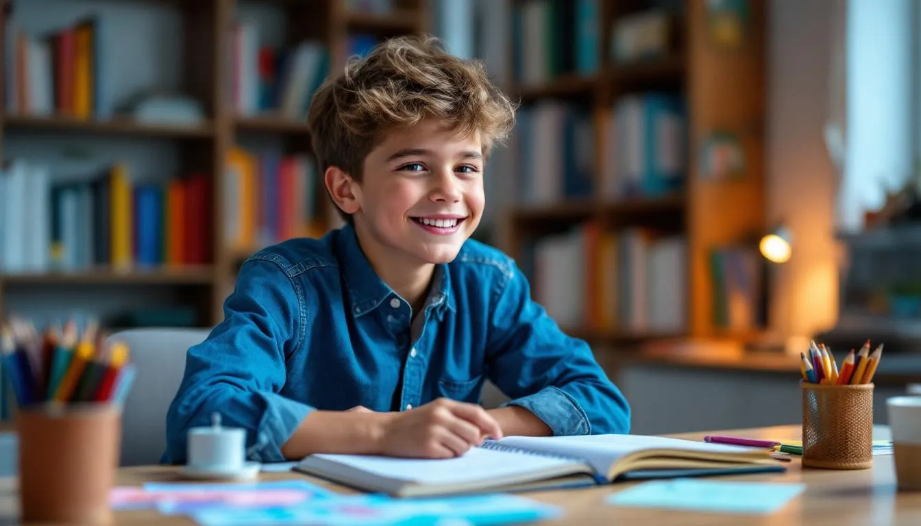 Un niño sonriente está sentado en una mesa de estudio, rodeado de tarjetas de colores con dibujos, una libreta abierta y lápices de colores