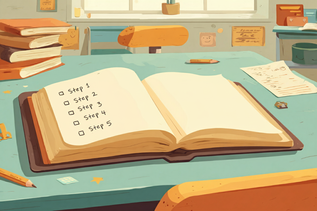 Sur un cahier d'école, il y a une liste à puce avec écrit 