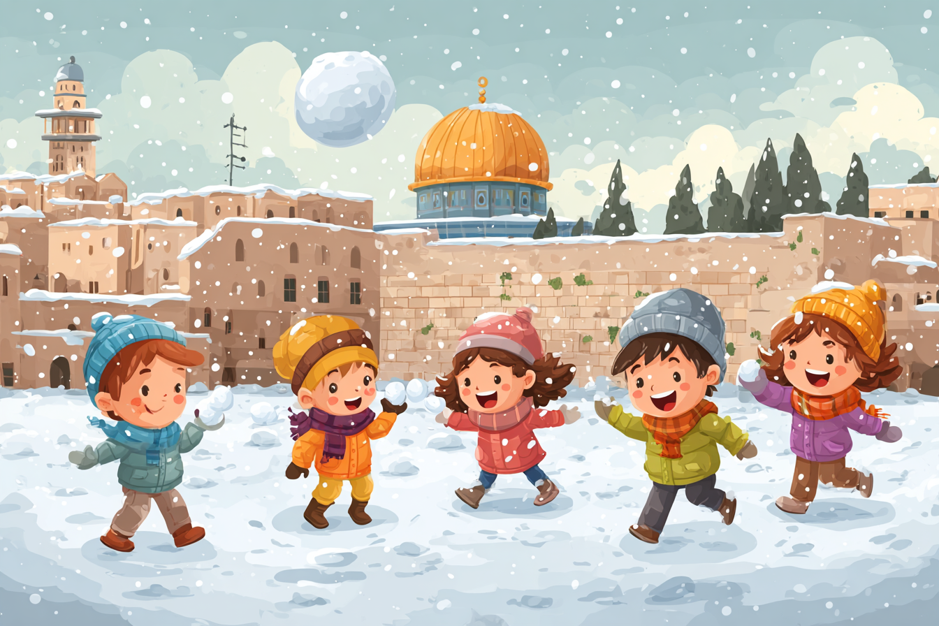 ילדים משחקים בשלג מאחורי רחבת הכותל בירושלים