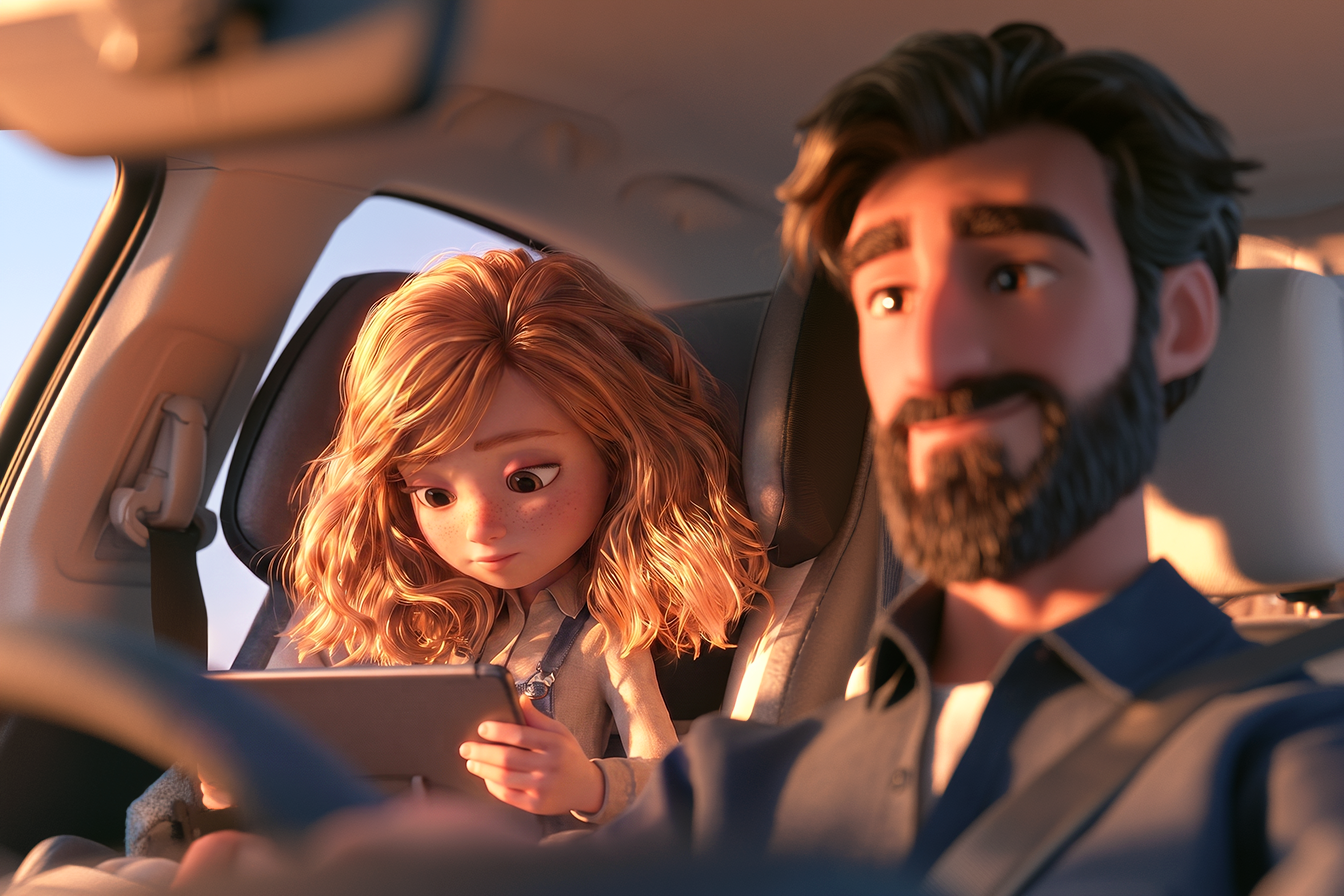 Una papà e una bambina di circa 6 anni sono in auto. sul sedile dietro, la bambina sta usando una app per imparare l'inglese con l'IA