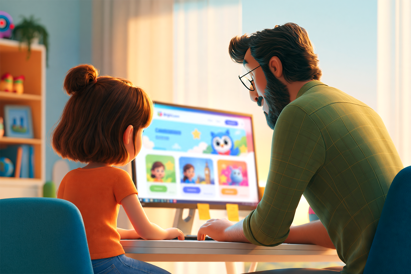 Un papà e una bambina davanti al PC cercano corsi per imparare a leggere e scrivere in inglese