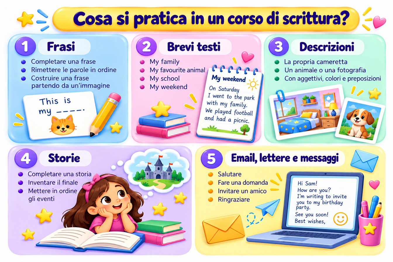 Immagine che riassume i contenuti di un corso di scrittura in inglese per bambini