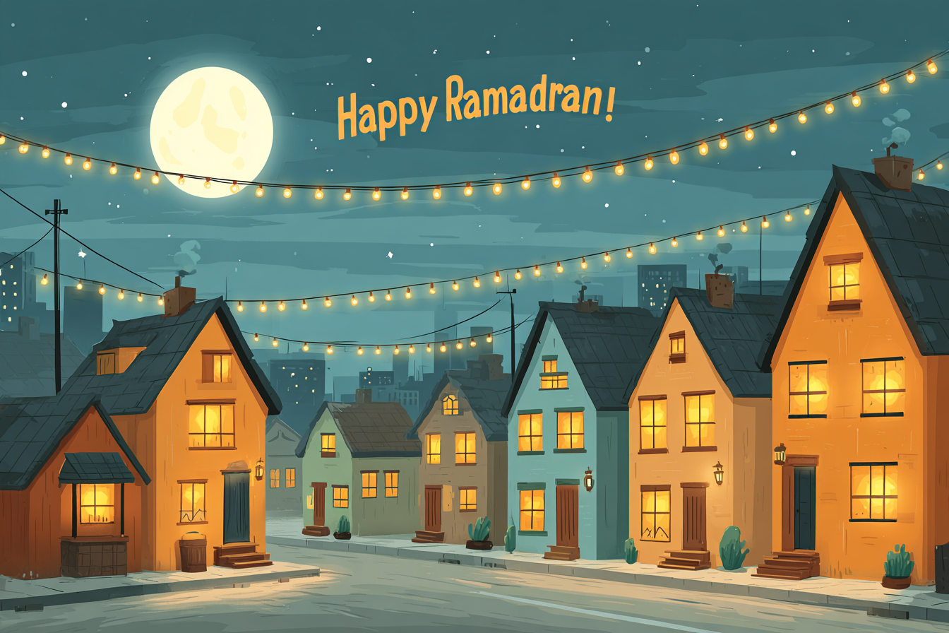 Camide “İyi ramazanlar!” yazan bir gece ışıklandırması.
