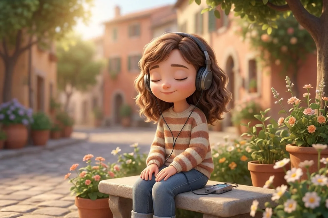Kulaklıkla dinlendirici müzik dinleyen bir kız.